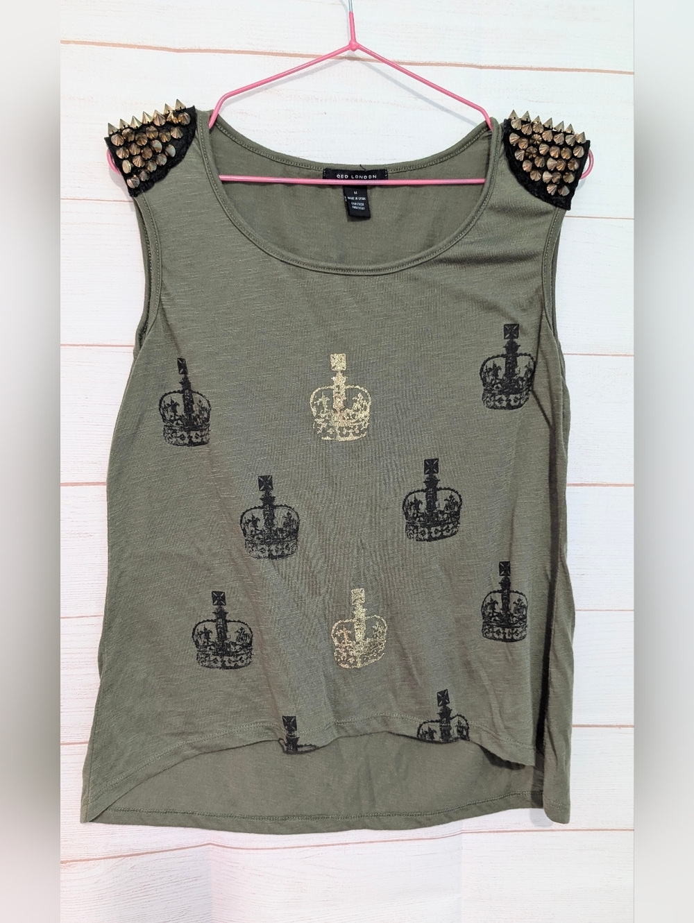 ❤️QED London Olive Green Crown-Print Studded Shoulder Tank 😲😲😲 Size Medium